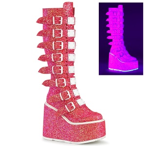 Compense 14 cm S815 plateforme bottes femme  boucles rose neon