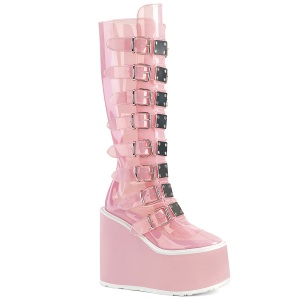 Compense 14 cm S815 plateforme bottes femme  boucles rose vinyle