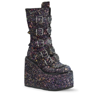 Glitter 14 cm SWING-G plateforme bottes femme hauteur mollet  boucles noir