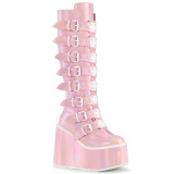 Compense 14 cm S815 plateforme bottes femme  boucles rose hologramme