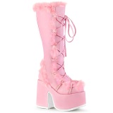 Fausse fourrure goth 13 cm femme botte plateforme pais talon chunky rose