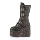 Glitter 14 cm SWING-G plateforme bottes femme hauteur mollet  boucles noir