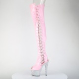 Strass 18 cm open toe bottes cuissardes talons hauts  lacets rose