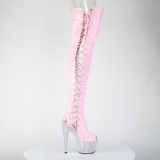 Strass 18 cm open toe bottes cuissardes talons hauts  lacets rose